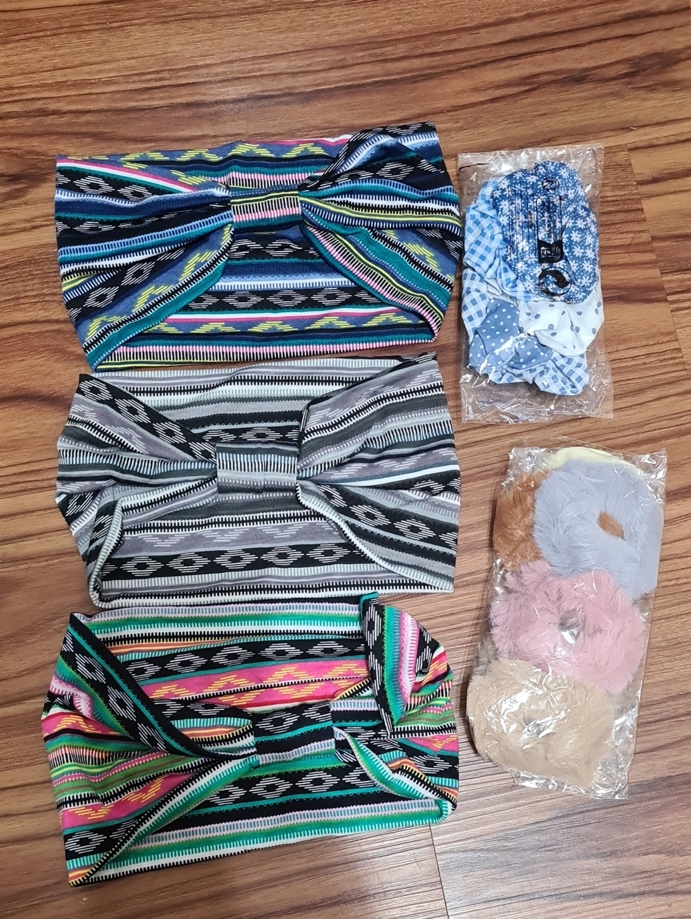 Multicolor Bow Headwraps - Set of 3 and Scrunchies (fur & assorted blues).